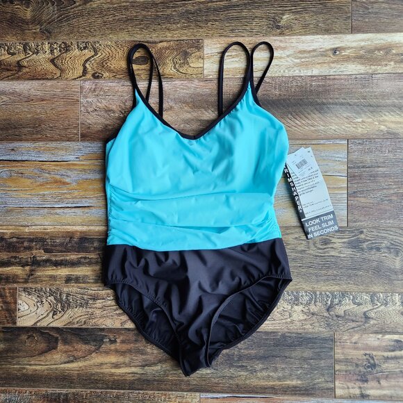NWT Trimshaper Glacier Bethany Colorblock One Piece Swimsuit Body Control - Picture 1 of 9